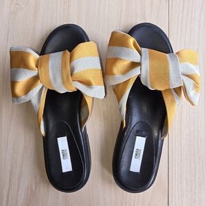 Miista Bow Tie Sandals, Gold And Cream Striped, Size 37